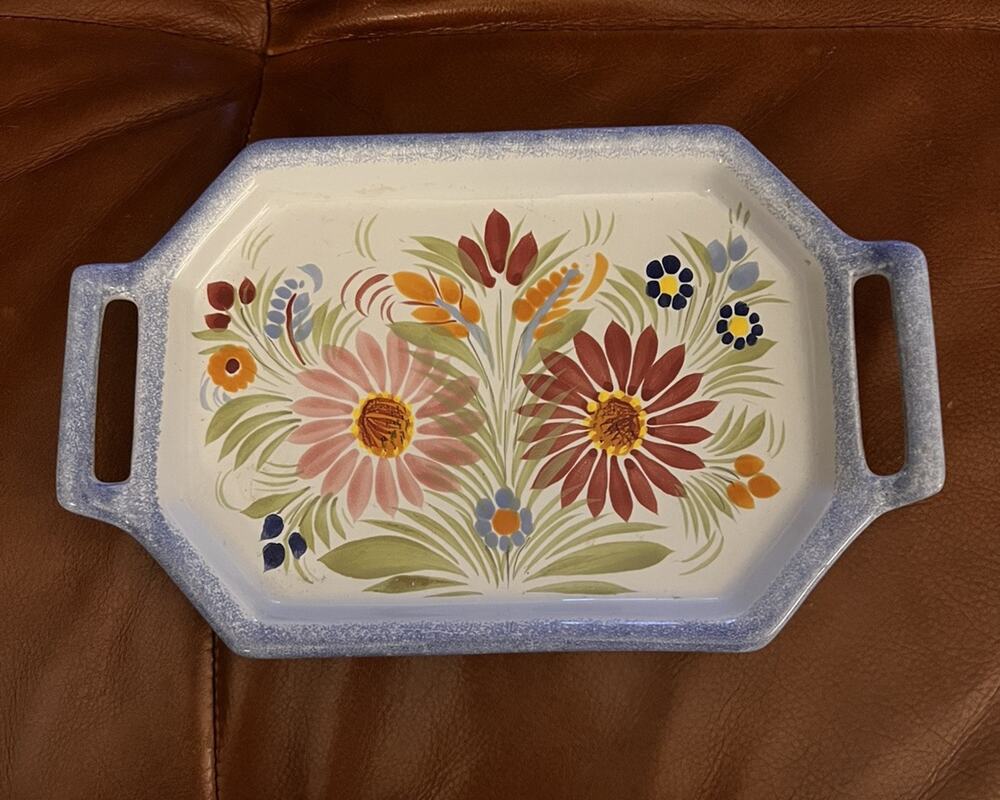 2 Handles Tray , Fleuri Royal Henriot Quimper France Floral Blue White 6 X 10”d